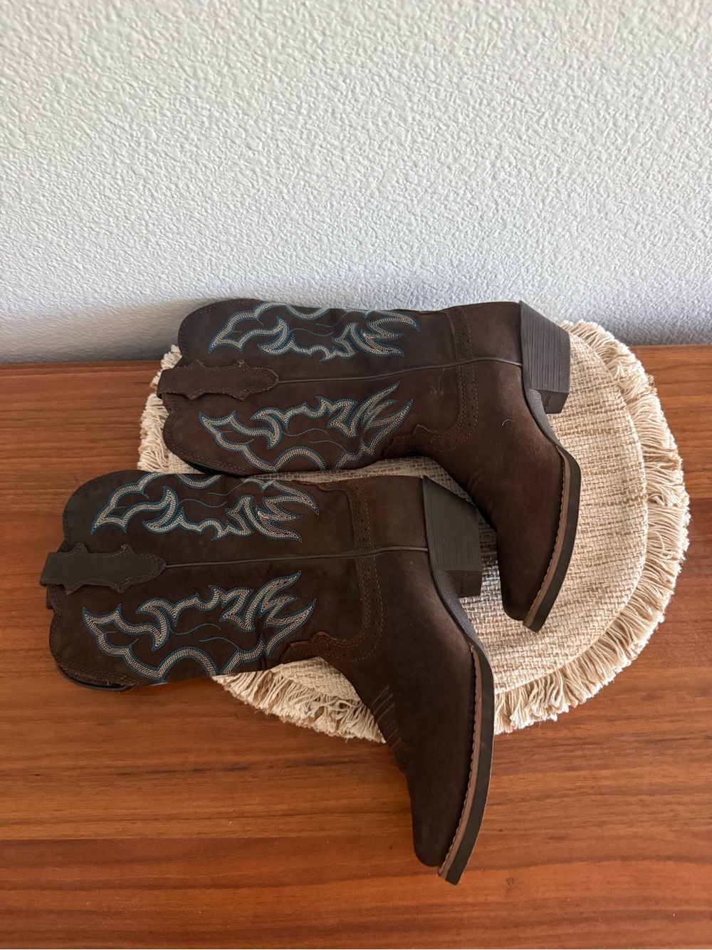 Women’s Justin Boots Dark Brown Suede Heeled Western Boots with Blue Stitching